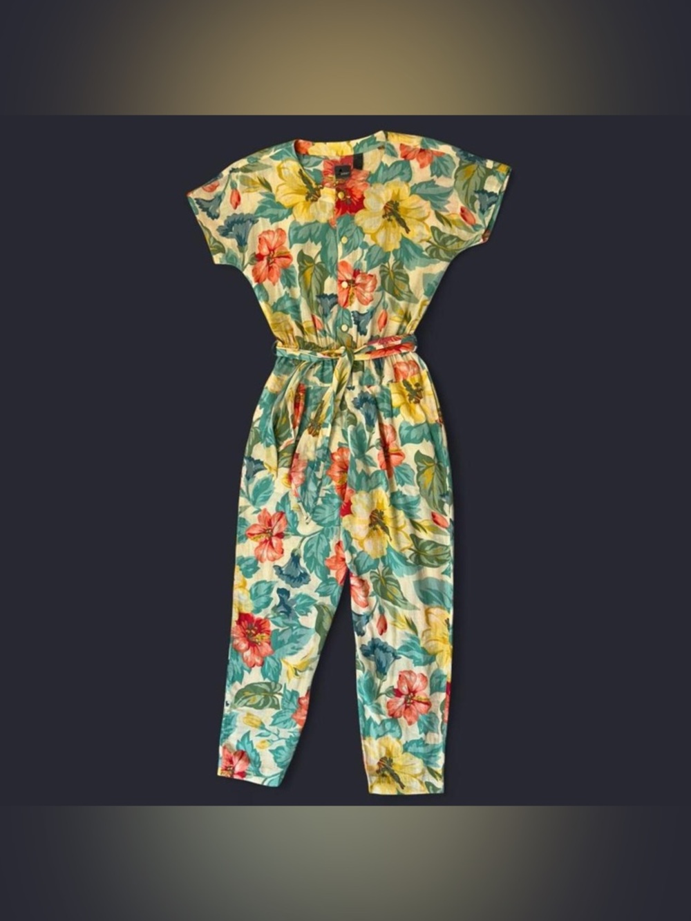 Vtg 80s Tropical Multicolor Floral Print Belted Short Sleeve Jumpsuit by Lizwear